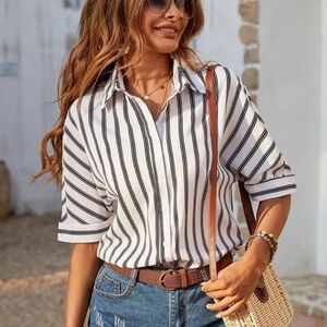 SHEIN Black and White Striped Button Down Shirt